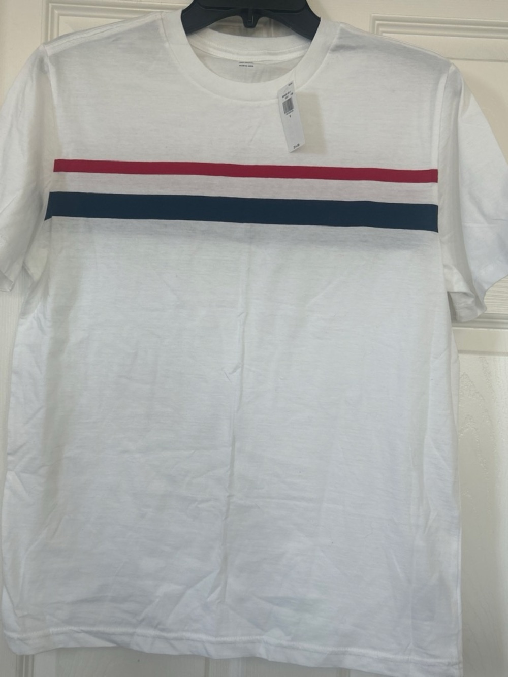 Old Navy White Short-Sleeve Tee with Red and Navy Stripes